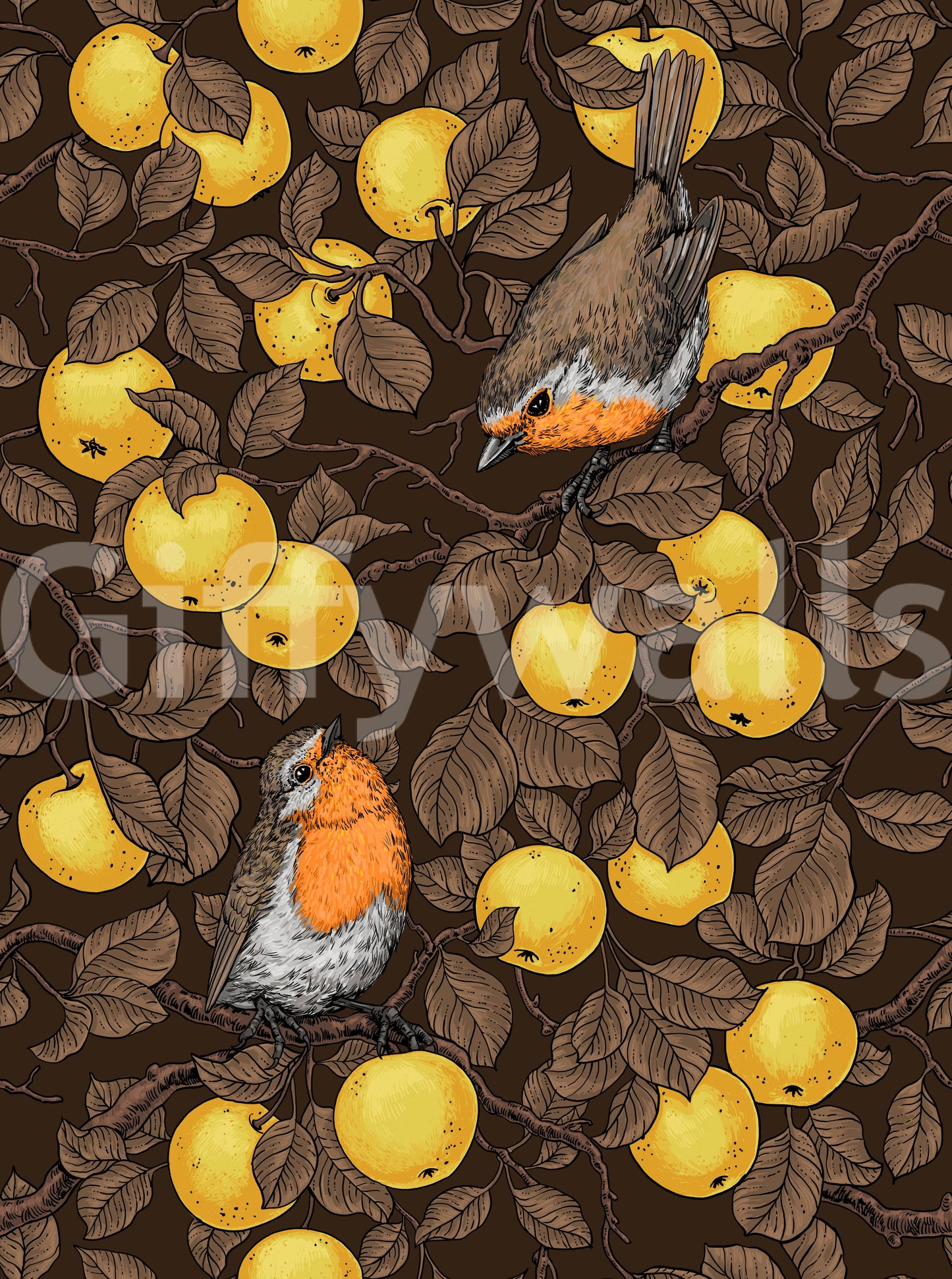 Robins in the apple tree/yellow and dark brown Wallpaper