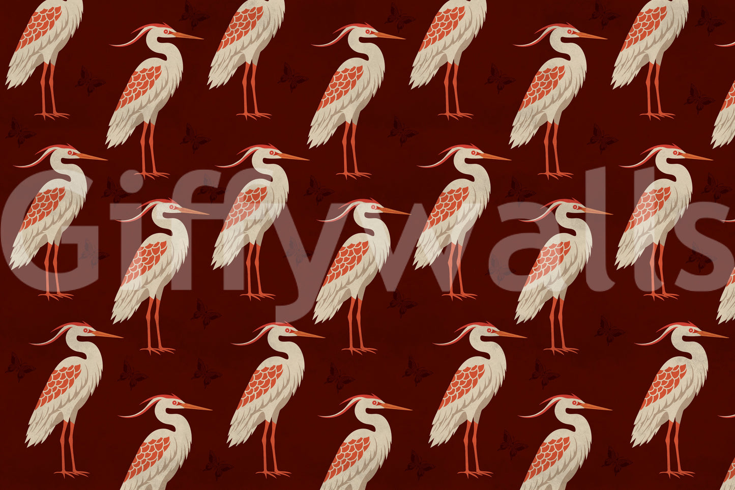 Burgundy Heron & Butterflies Wall Mural