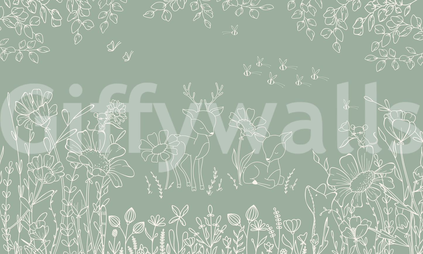 Deer Doodles Green Wall Mural
