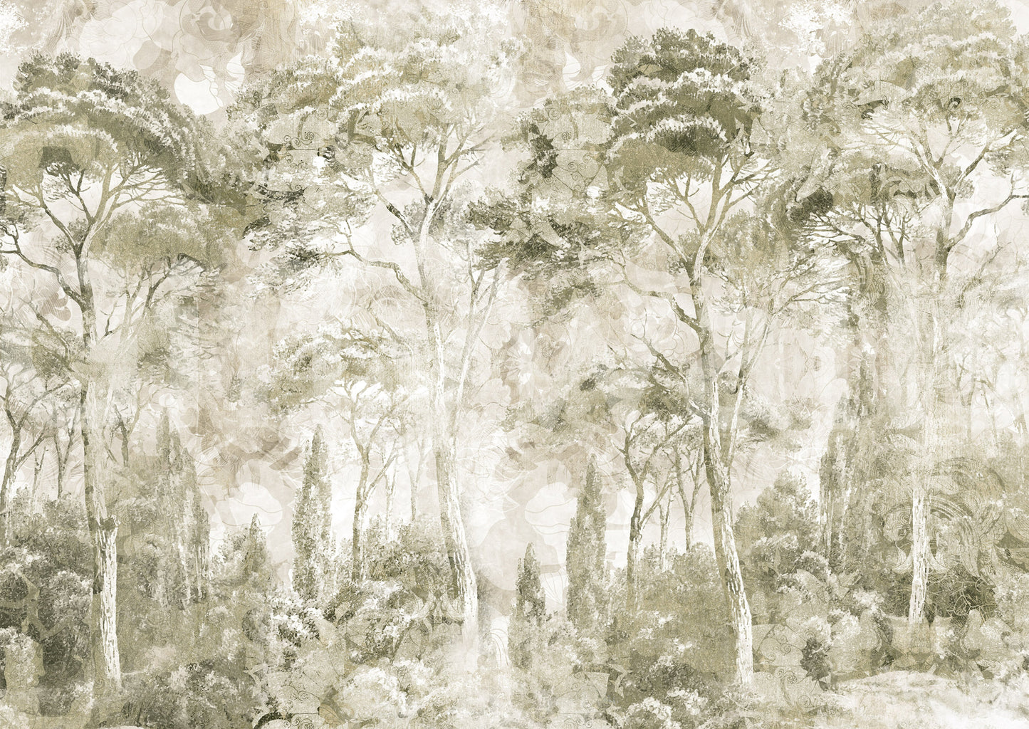 Sepia Pine Forest Landscape Wall Mural