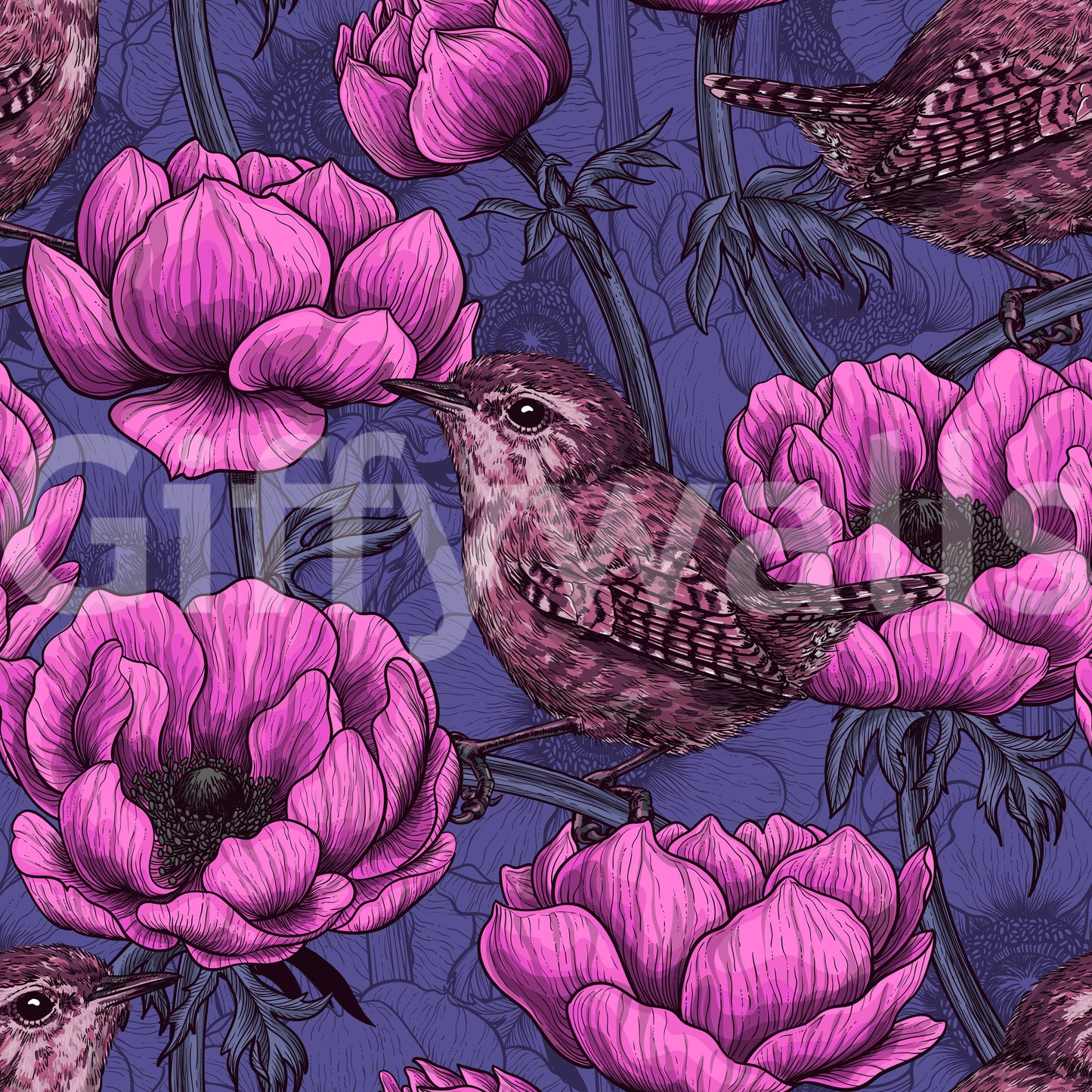 Wrens in the anemone garden Wallpaper