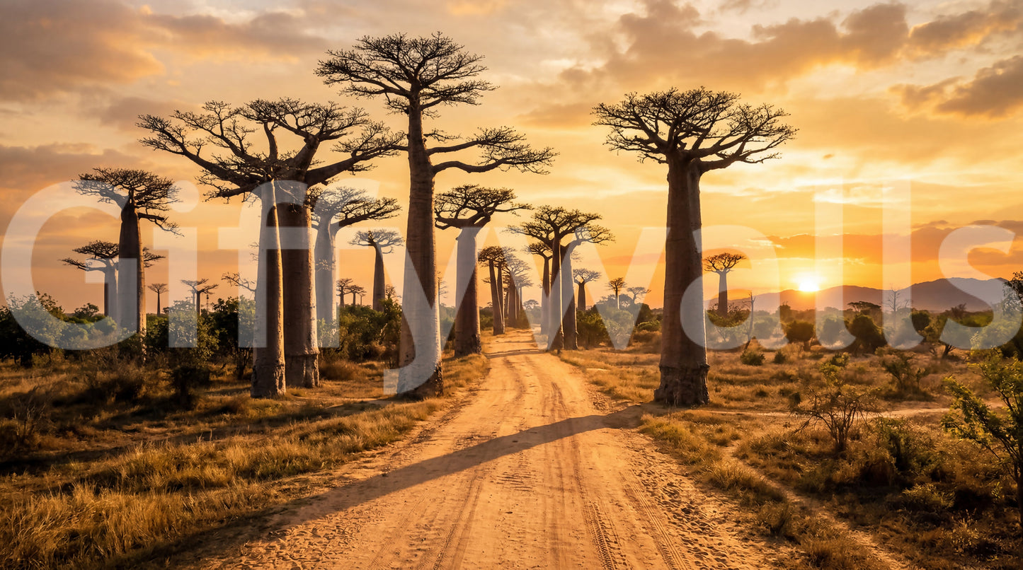 Natural sunset atmosphere in Golden Baobab wall mural scene