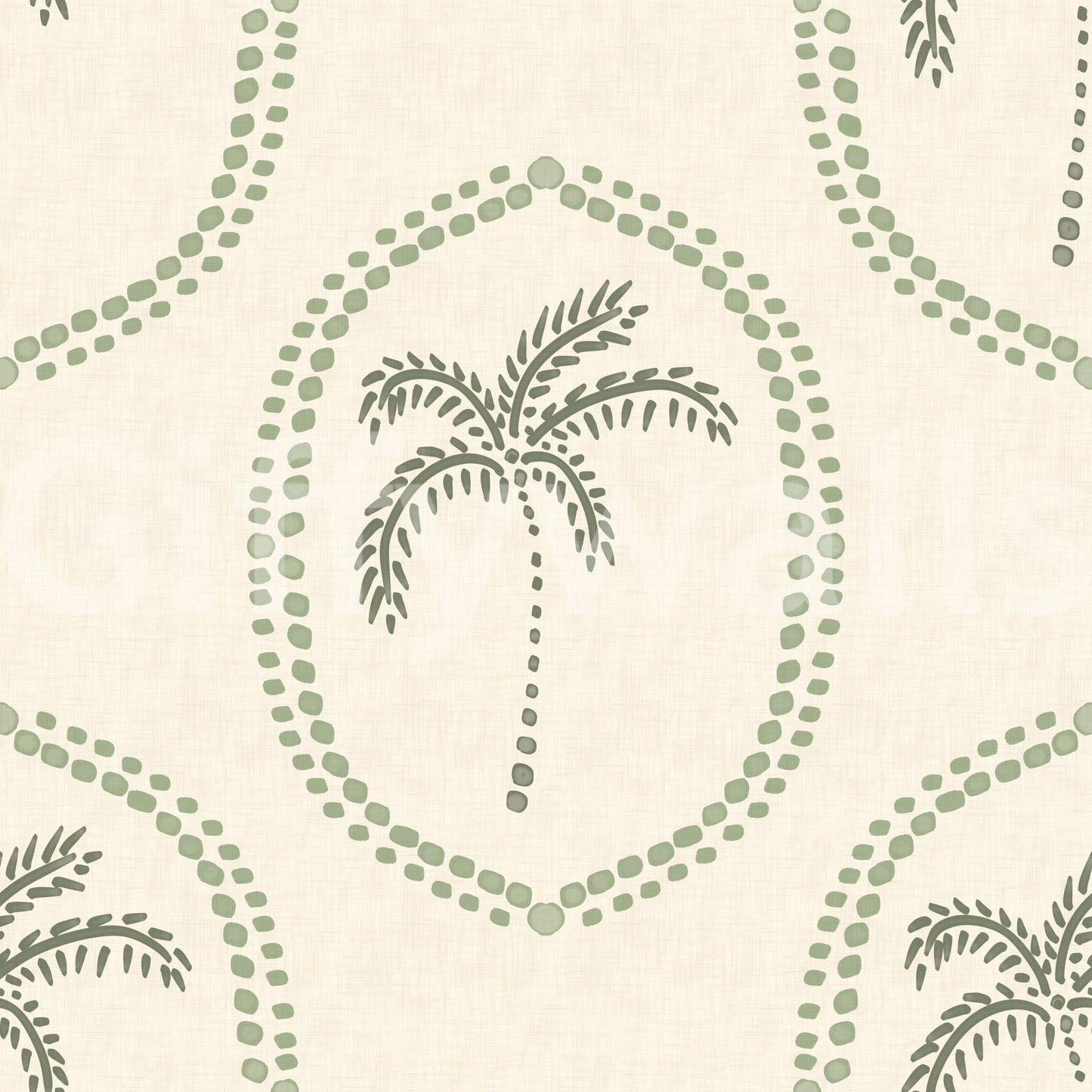 Single-ring sage outlines keep Beachy Boho Palm Oasis Coastal Green Medallion wallpaper open and breathable., GD9631