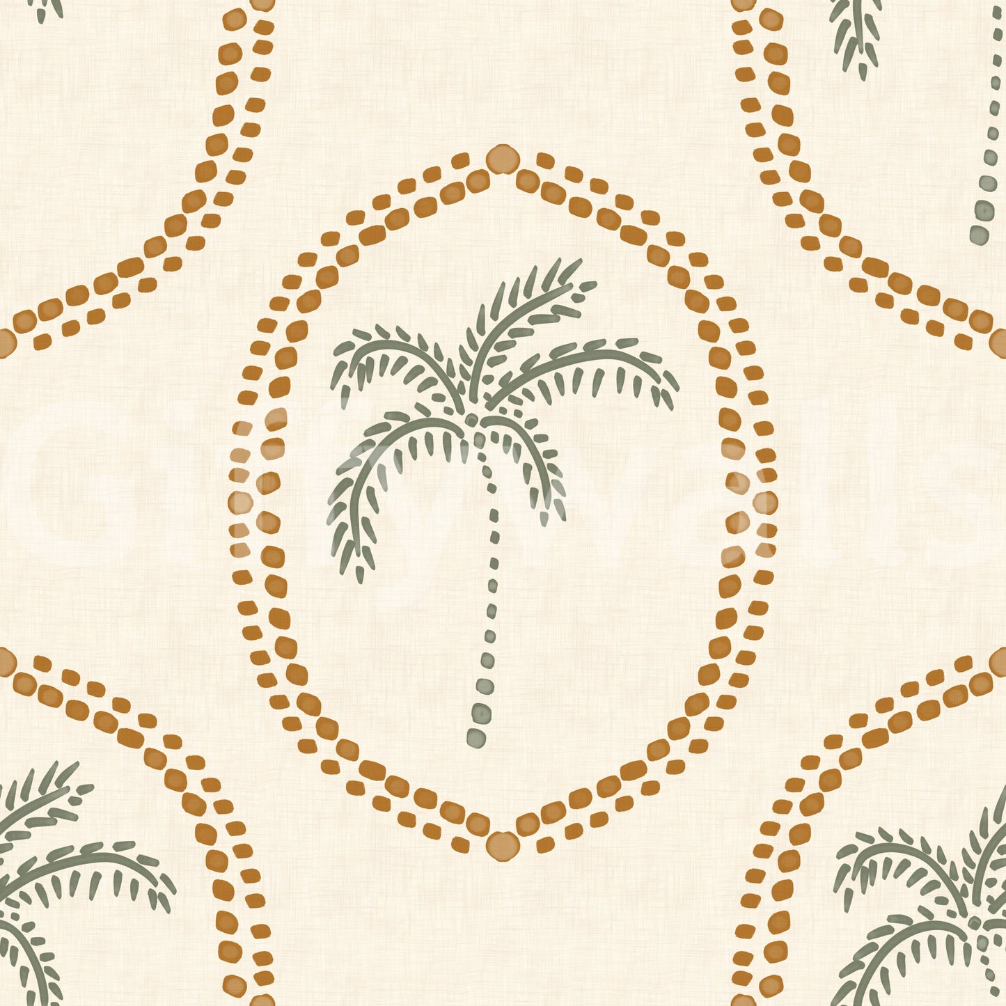 Single-ring outlines keep Beachy Boho Palm Oasis Golden Medallion wallpaper light and breathable.