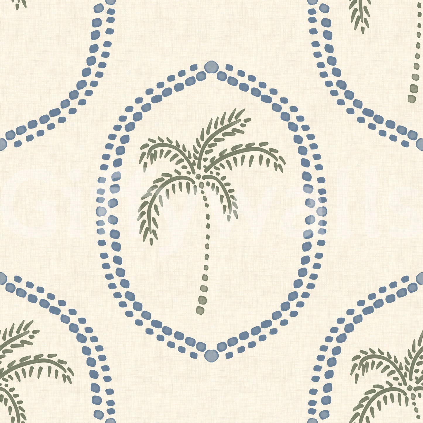 Single-ring outlines keep Beachy Boho Palm Slate Blue Medallion wallpaper light and uncrowded.