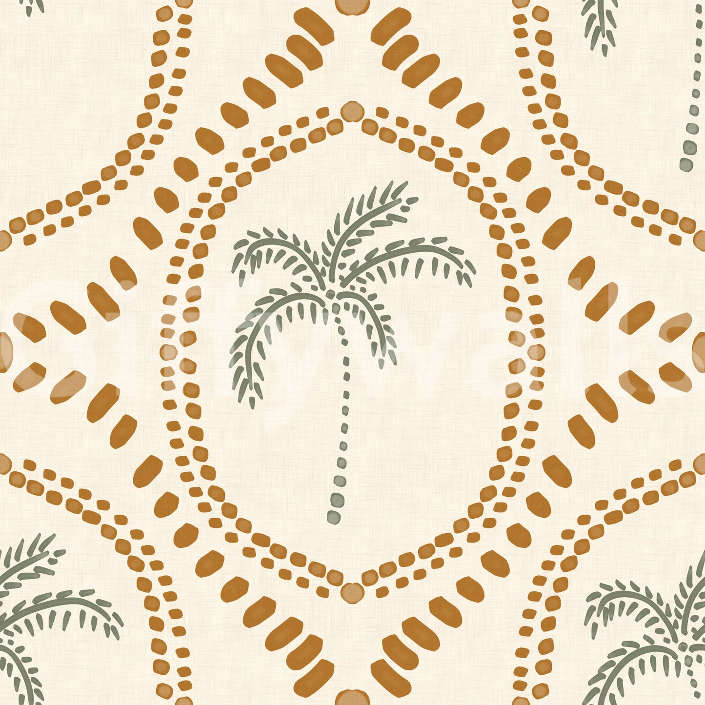 Hand-stamped bead lines repeat in oval rhythm on Beachy Boho Palm Oasis Golden wallpaper.