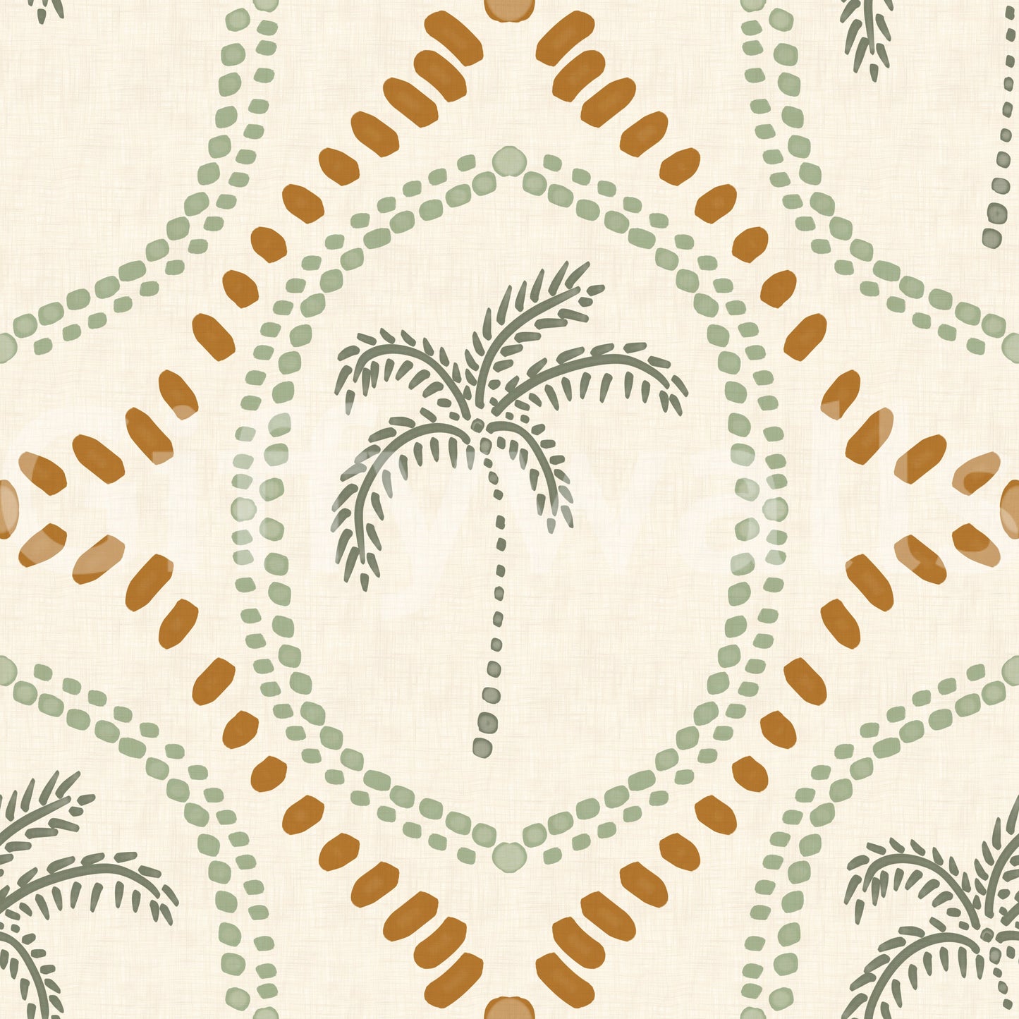 Beachy boho coastal wallpaper with sage palm fronds and golden dotted ovals overall., GD9639