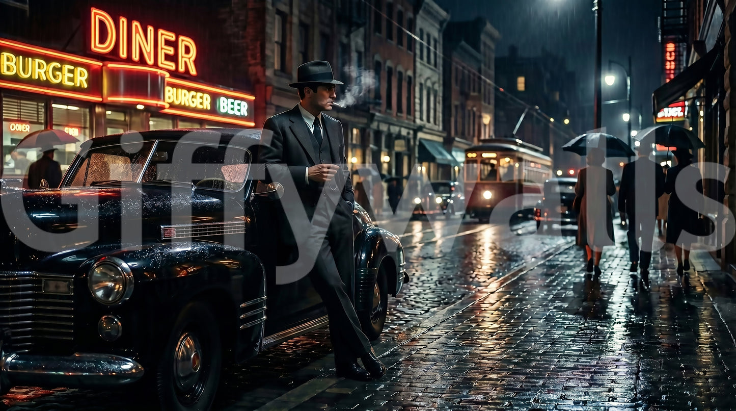 Deep blacks and warm neon reds drive the noir tone of this rainy city wall mural.