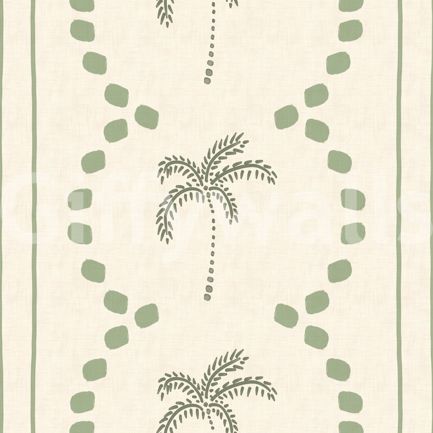 Loose brush strokes shape each palm motif on this sage green wallpaper.