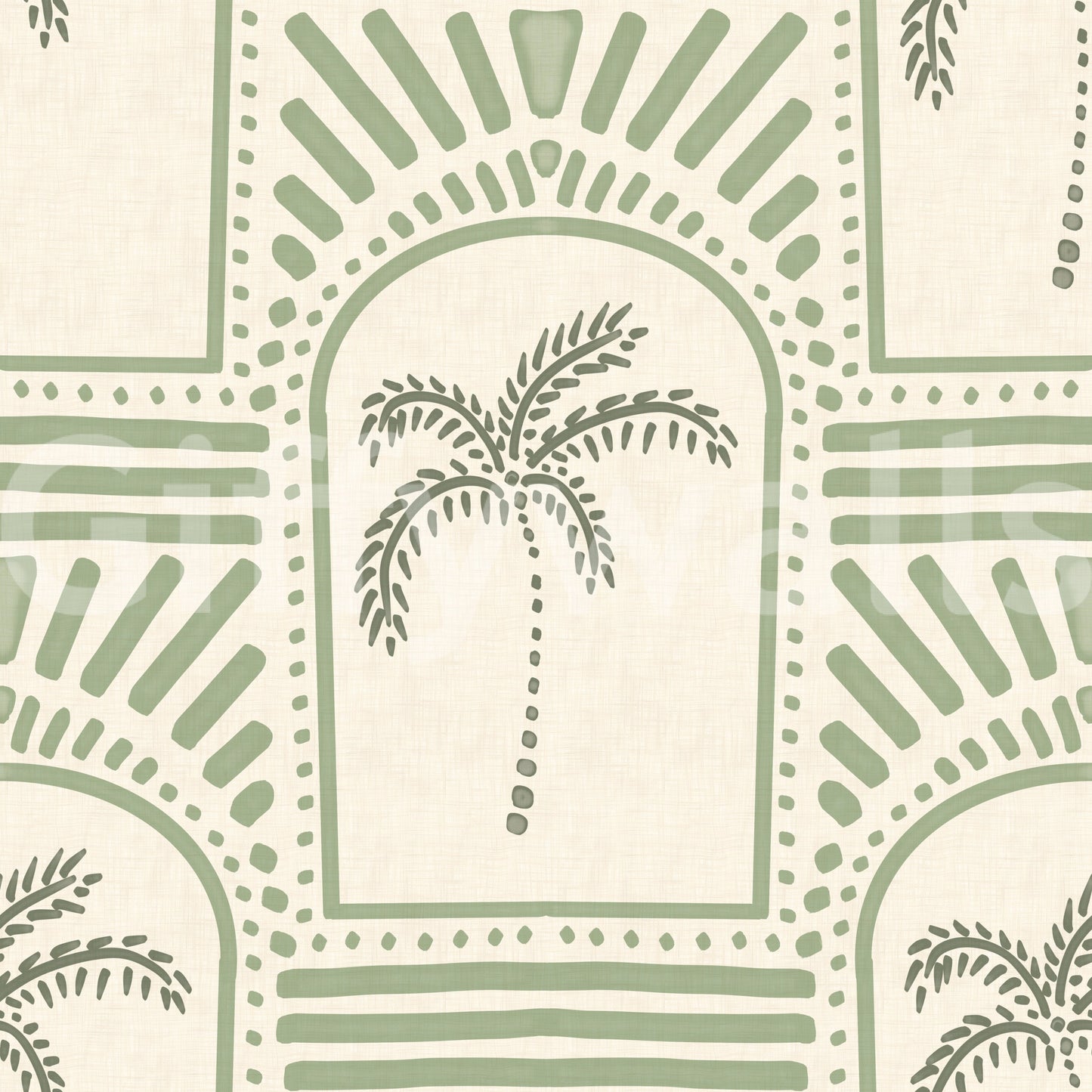 Visible cream linen weave beneath sage Deco arches and palm centres on this wallpaper., GD9654