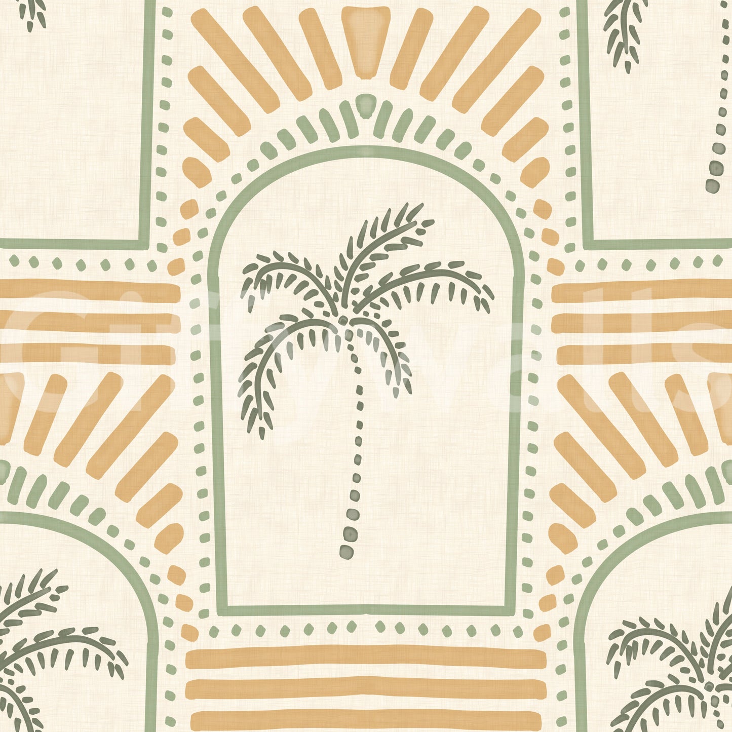 Linen cream beneath sage arches and sand rays on this Deco palm wallpaper., GD9657