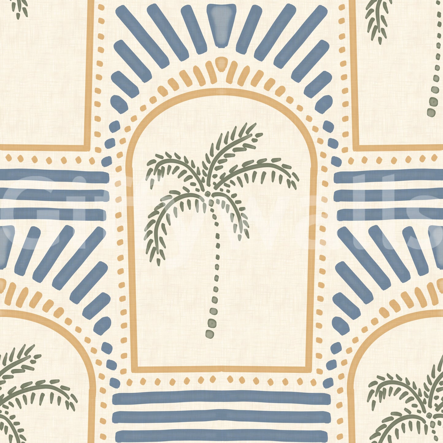 Mixed slate-and-sand dot trails follow each arch curve on this honey palm Deco wallpaper., GD9658