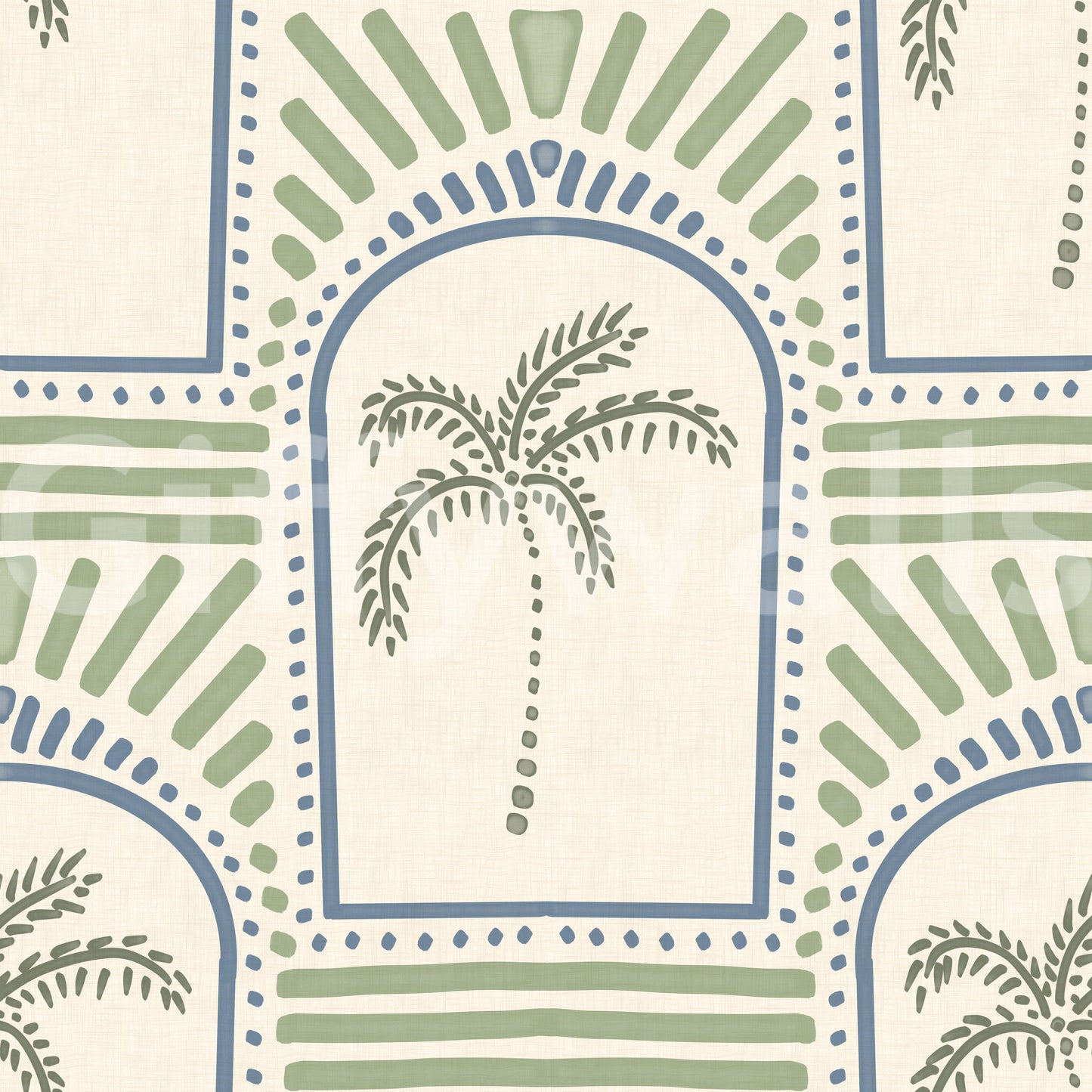 Within each arch a sage palm sits, slate blue dots ring the curve on this Deco wallpaper.