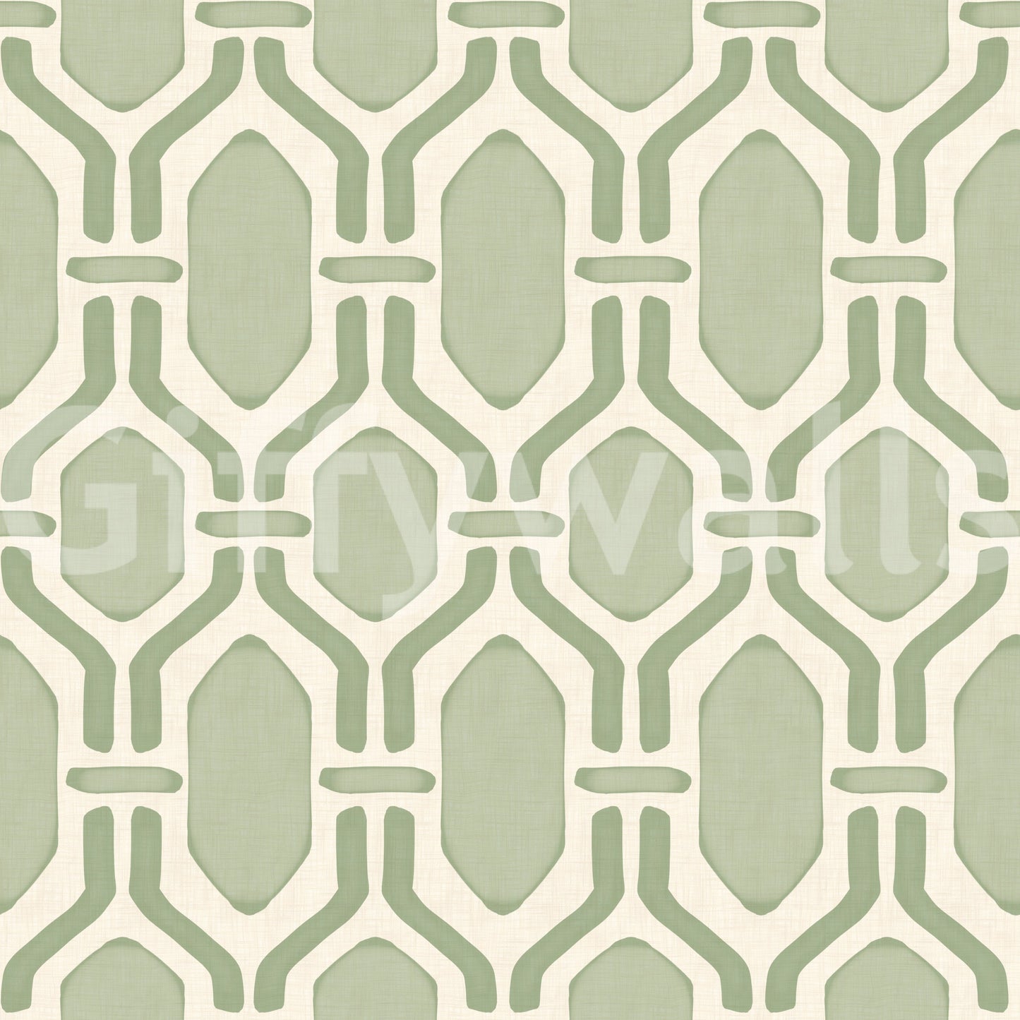 Plain cream linen behind sage Deco trellis wallpaper, hex panels in paler green tone., GD9660