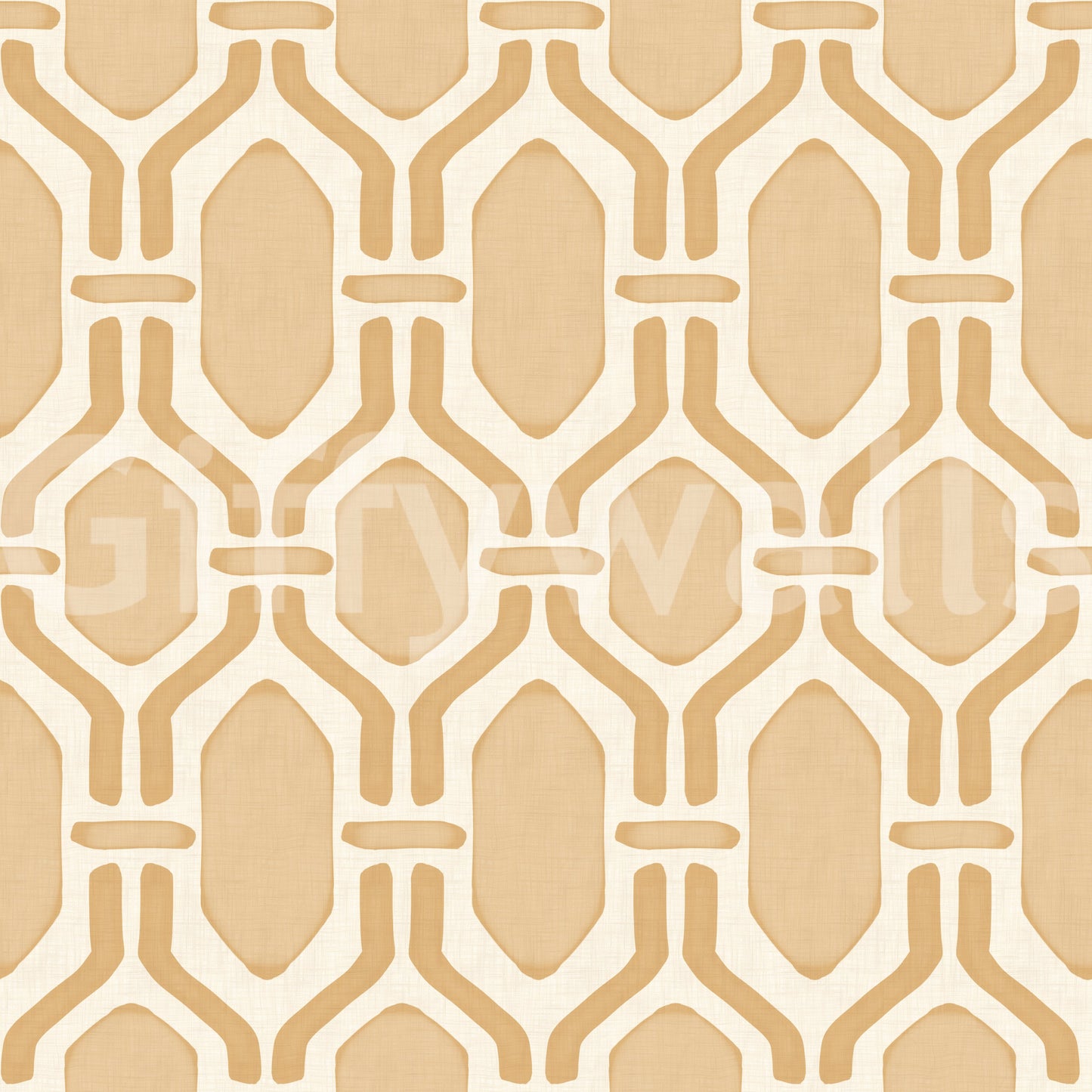 Crop view: hex Deco frames in sand-toned trellis wallpaper, paler centres on cream linen., GD9661