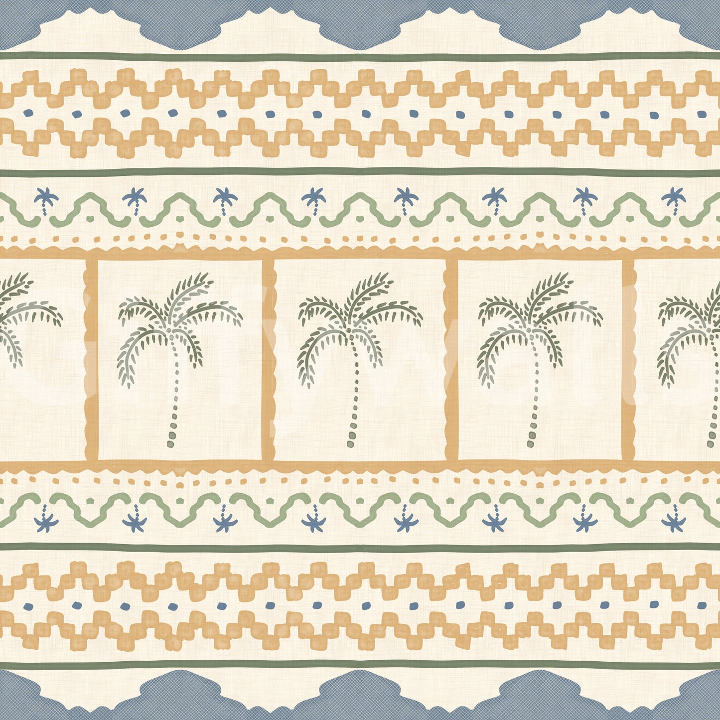 Dot lines and dragonfly motifs sit between mustard zigzags on this Marrakesh wallpaper., GD9665