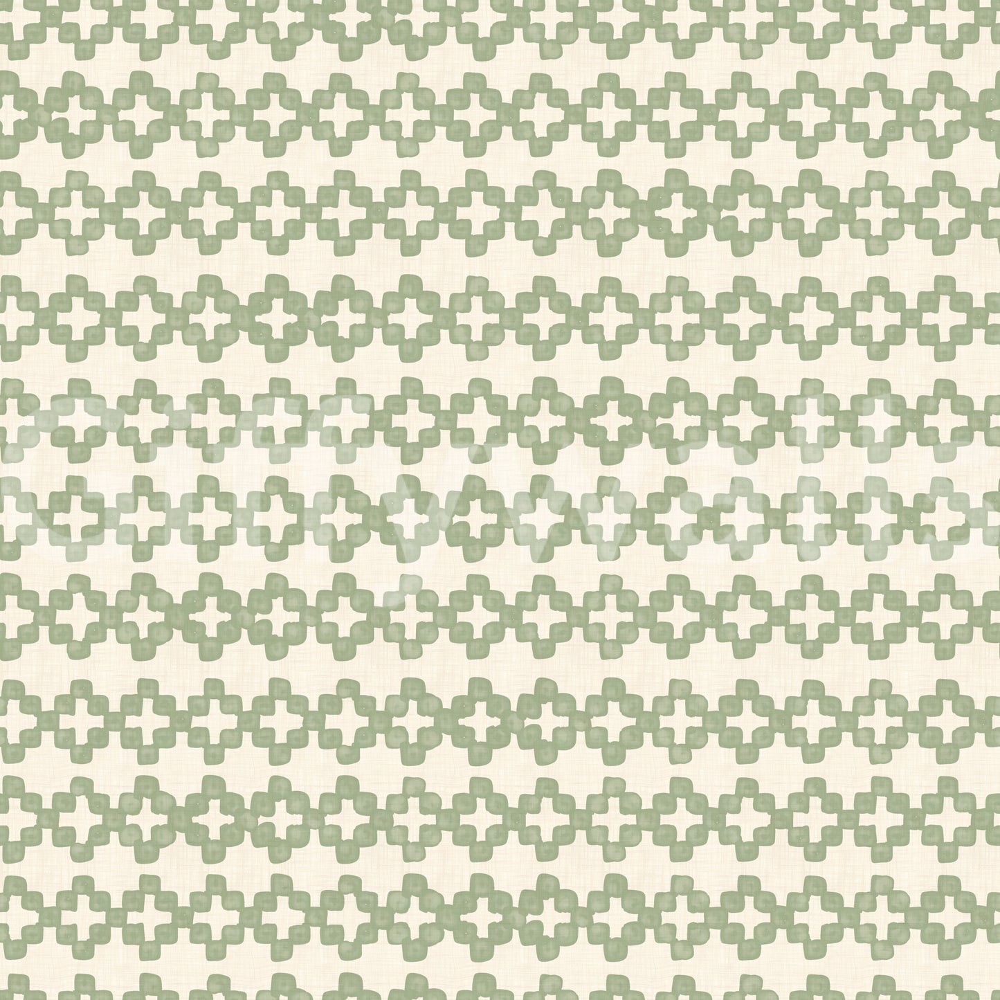 Cross-row geometry of zellige cross wallpaper, coastal green marks on cream linen ground., GD9667