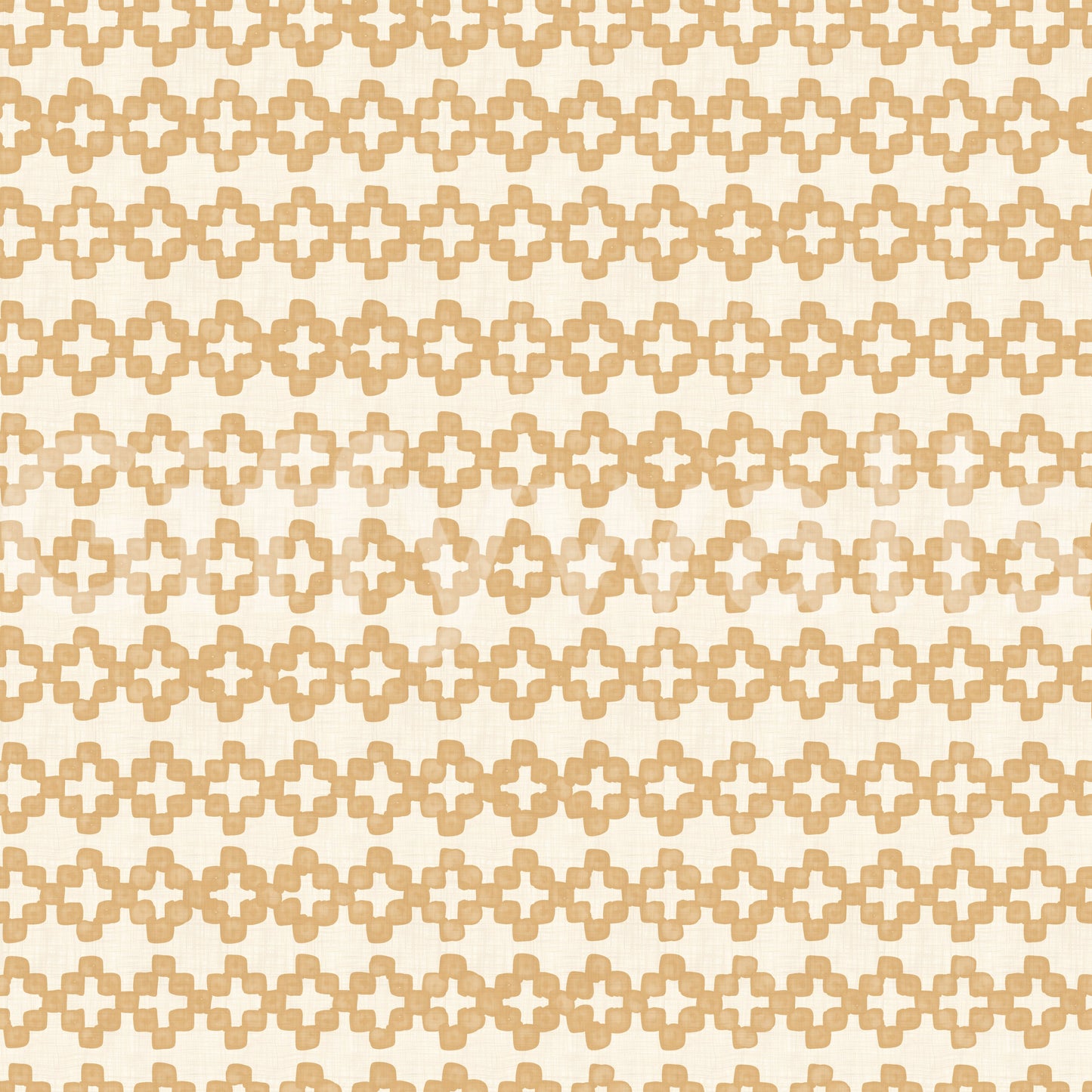 Ornament repeat of warm sand zellige cross wallpaper, tile-row rhythm in close view.