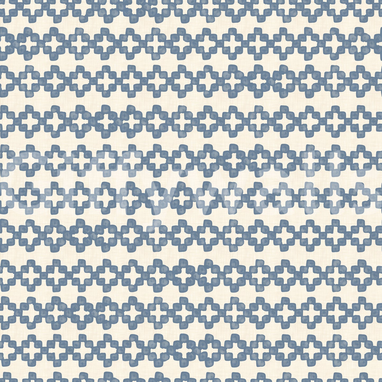 A repeating cross stamp pattern of zellige wallpaper, slate blue on cream linen ground., GD9669