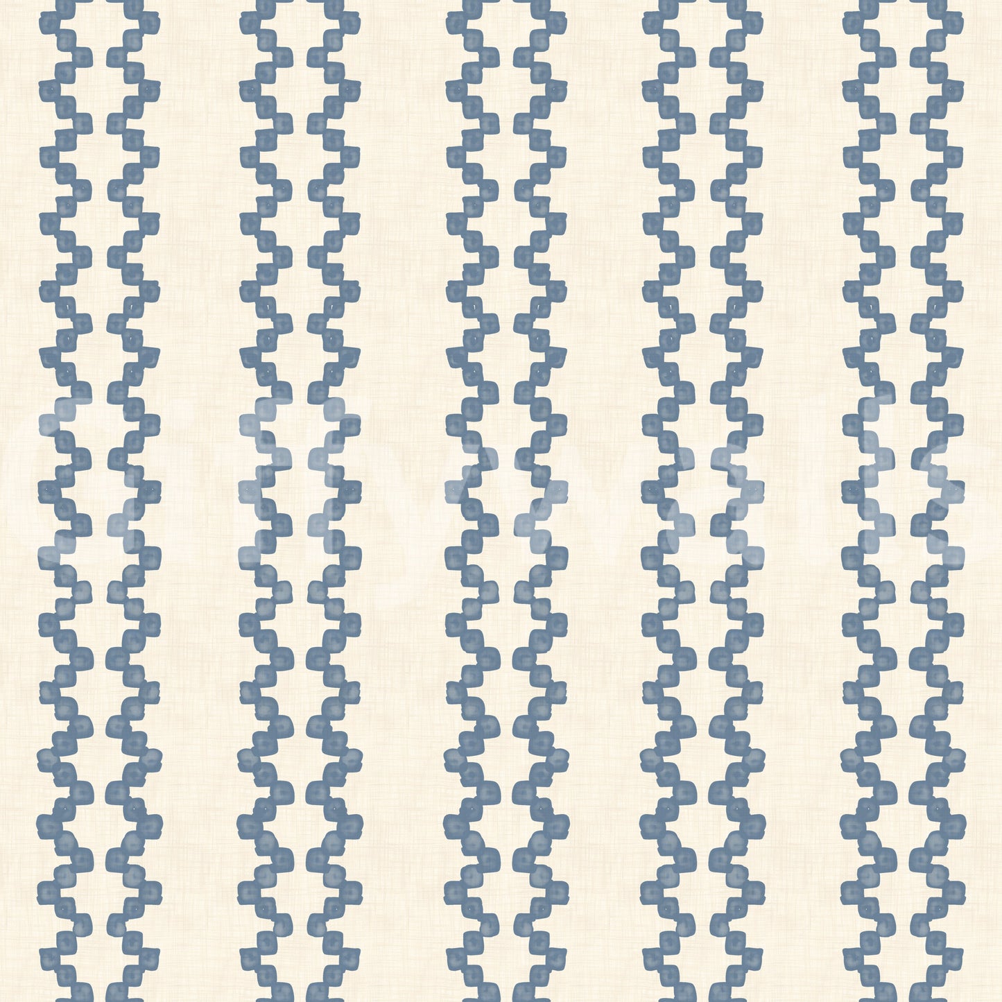 Vertical column motifs of zellige stripe wallpaper, slate blue on warm cream.
