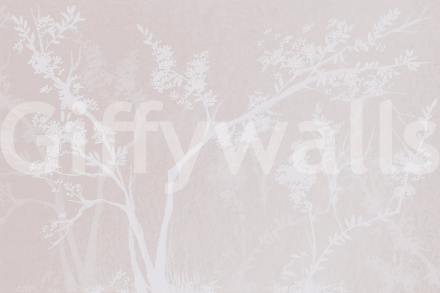 Layered botanical forest wall mural in pale pink and white, Muted Blossom series