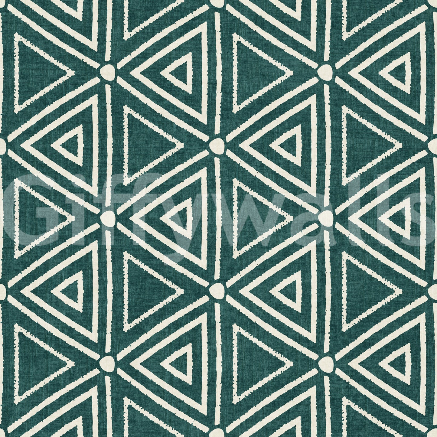 Six-way junction mudcloth wallpaper with cream triangles set on a dark teal base, GD9725
