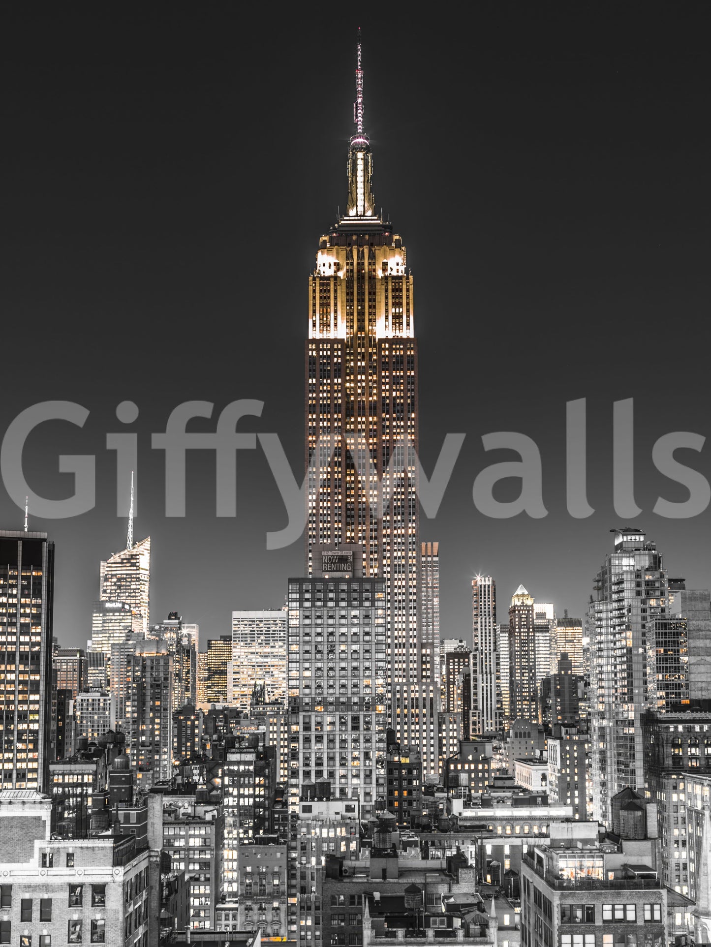 Empire Glow: NYC Night in Grayscale Gold Wall Mural