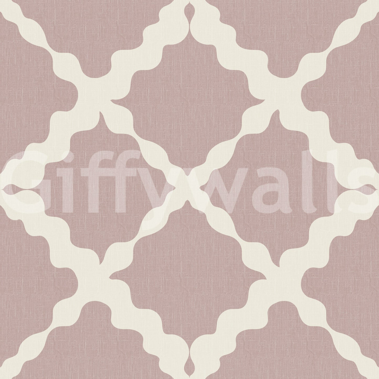 Soft pink and cream geometric trellis repeat pattern on a linen-textured wallpaper surface.