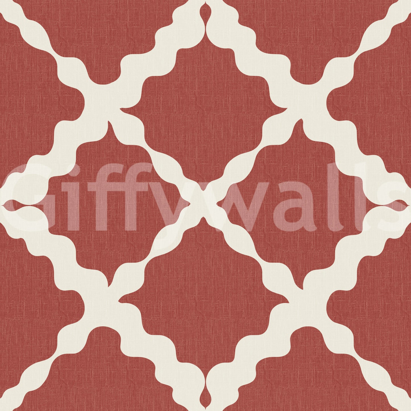 Rust red geometric trellis wallpaper swatch with linen texture and cream background.