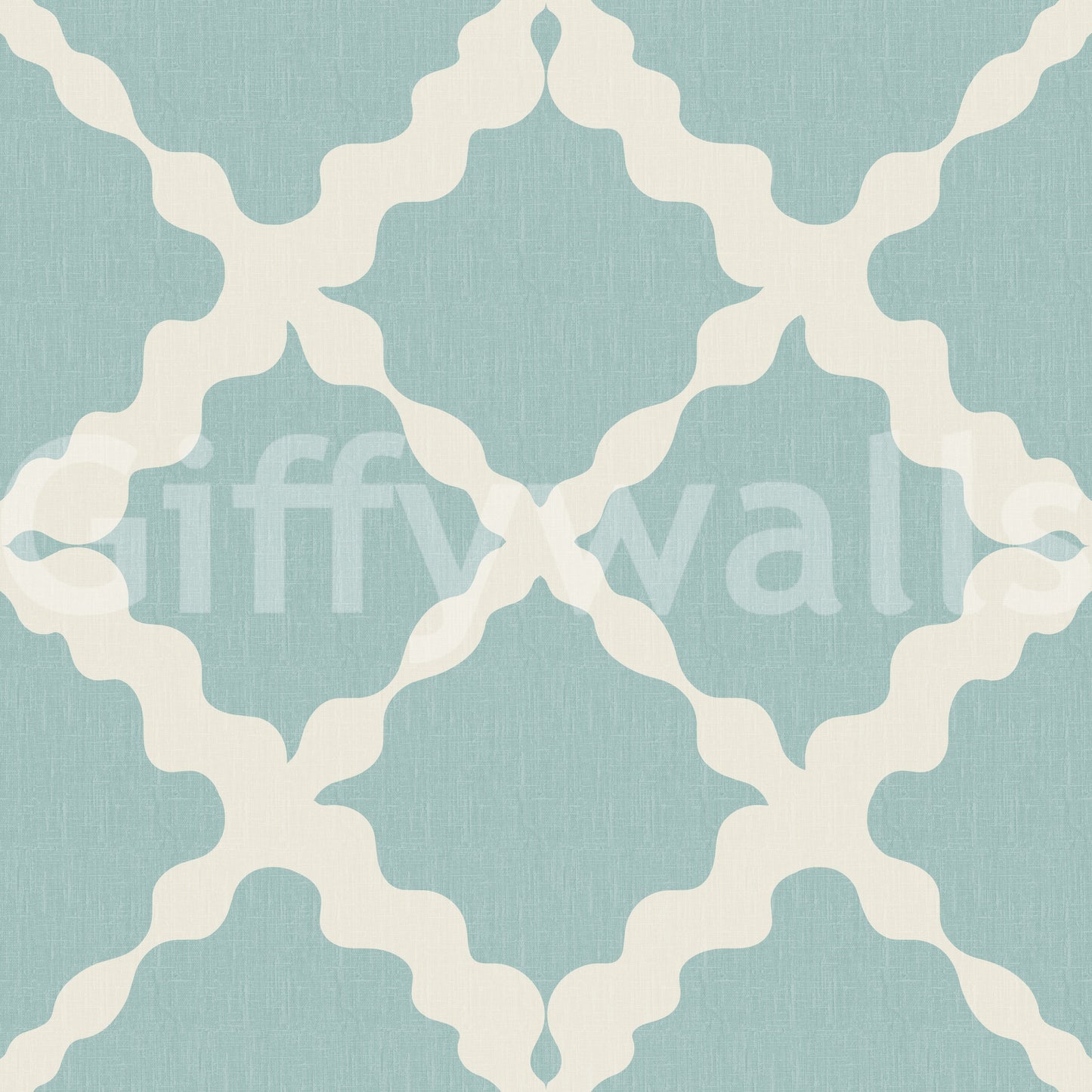 Muted blue and cream trellis lattice geometric wallpaper swatch with linen texture.