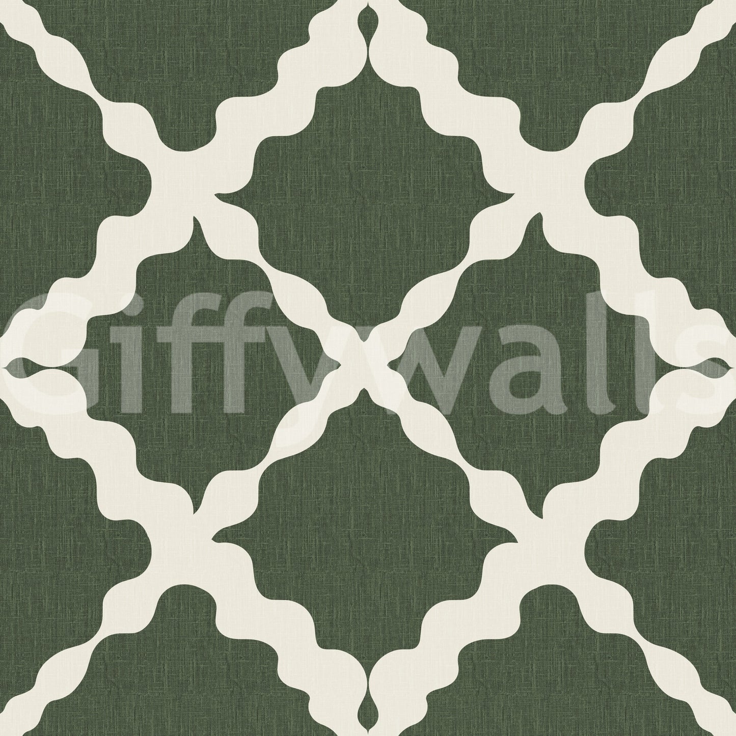 Deep green and cream geometric trellis repeat pattern on a linen-textured wallpaper.
