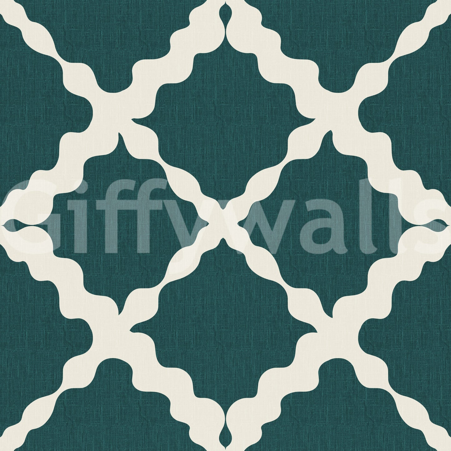 Deep teal and cream geometric trellis on textured lattice wallpaper.
