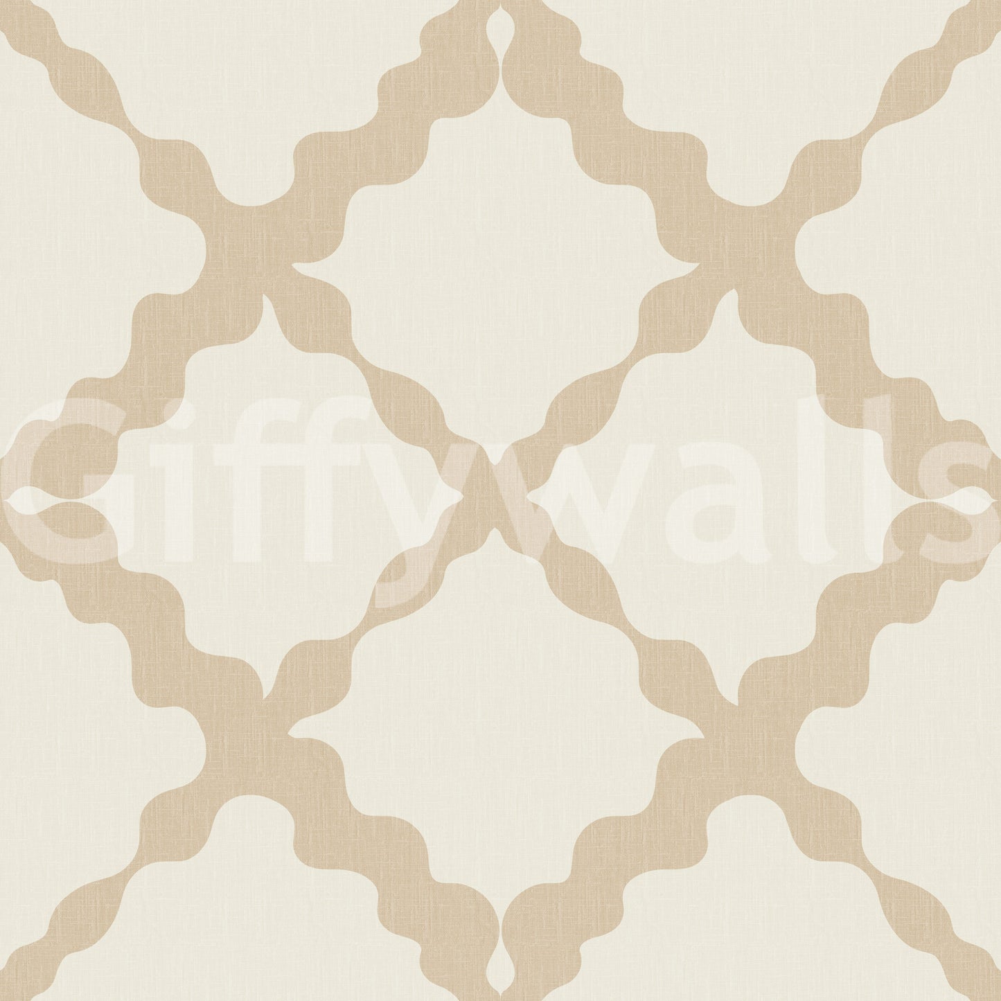 Cream beige geometric trellis wallpaper swatch with linen texture background.