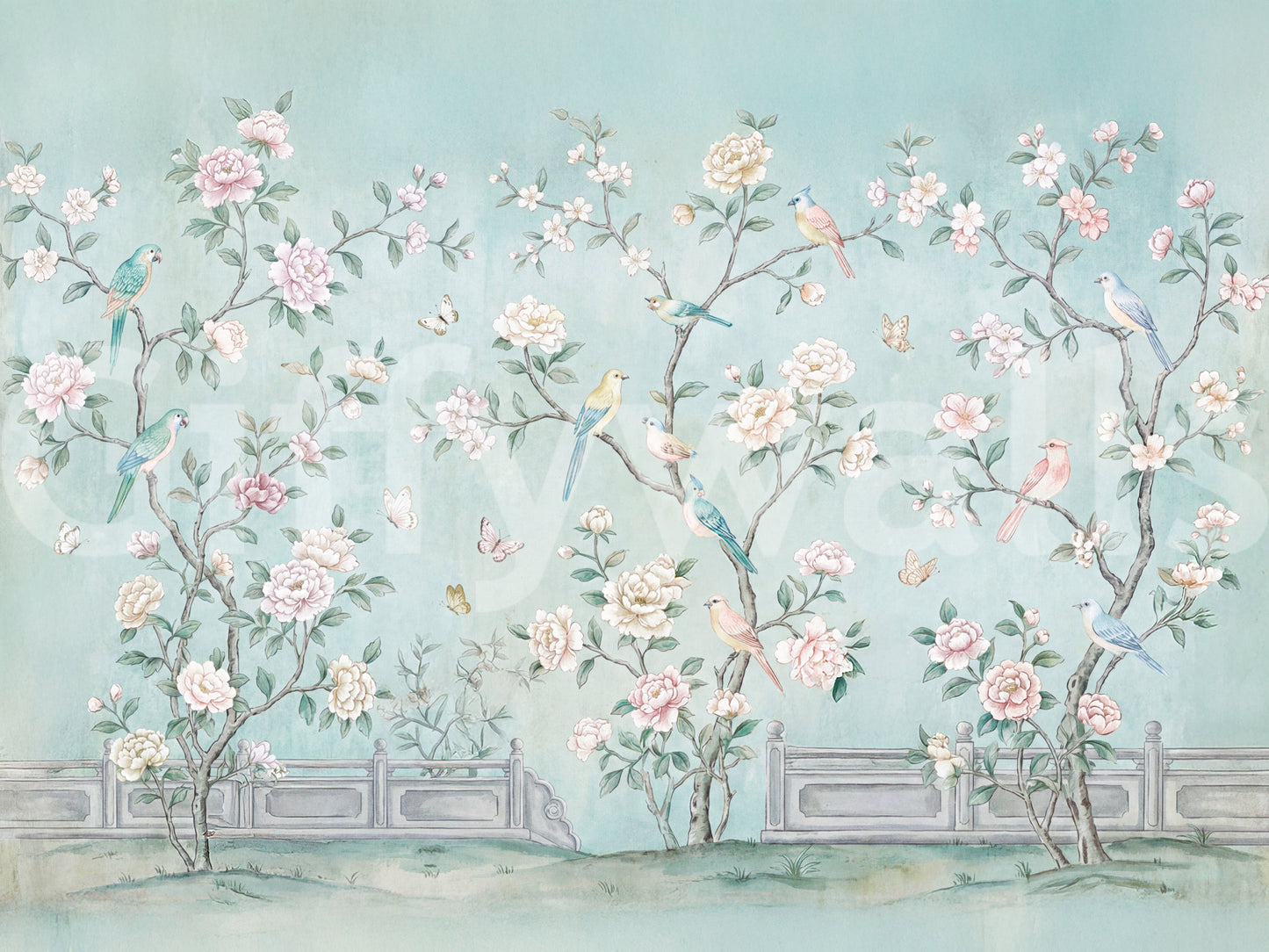 Serene chinoiserie aviary wall mural with birds peonies and teal background.