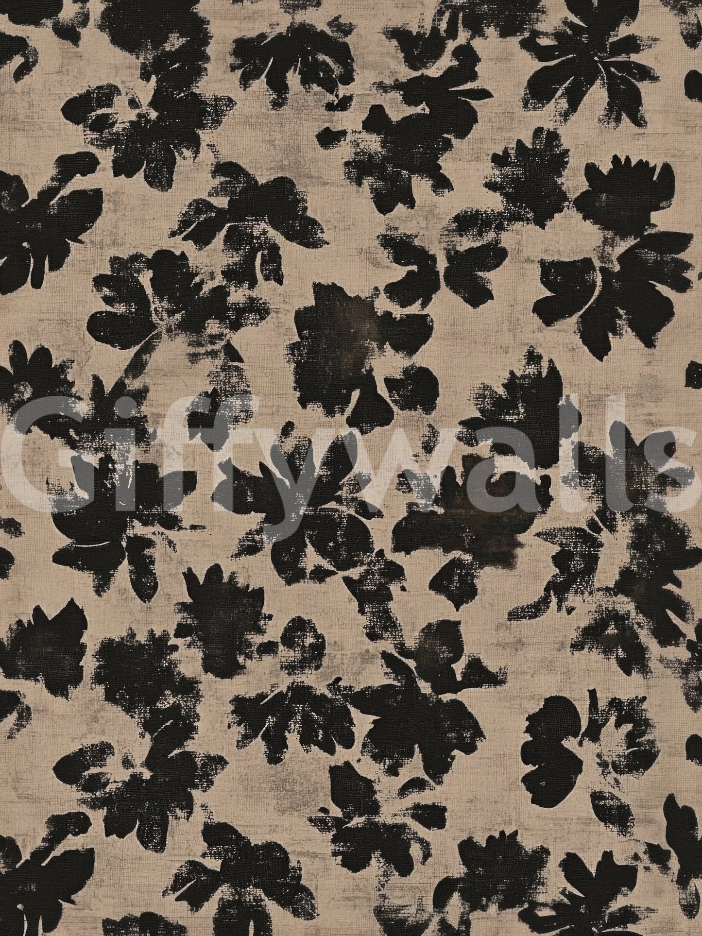 Black floral silhouette wall mural on warm beige distressed surface.