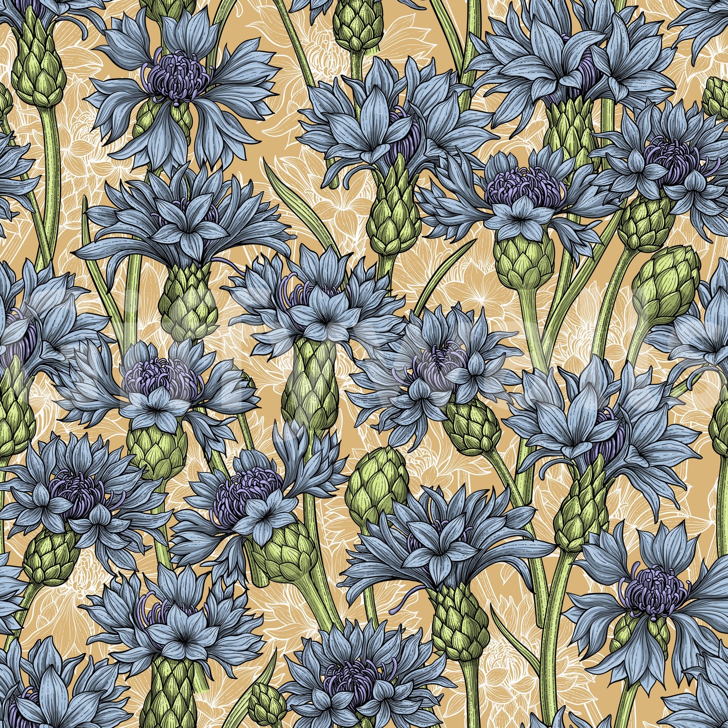 Cornflowers Wallpaper color swatch with steel-blue blooms and artichoke buds on golden amber.