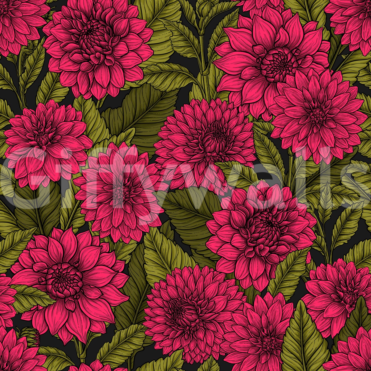 Large pink dahlia wallpaper with green leaf garden print design layout.