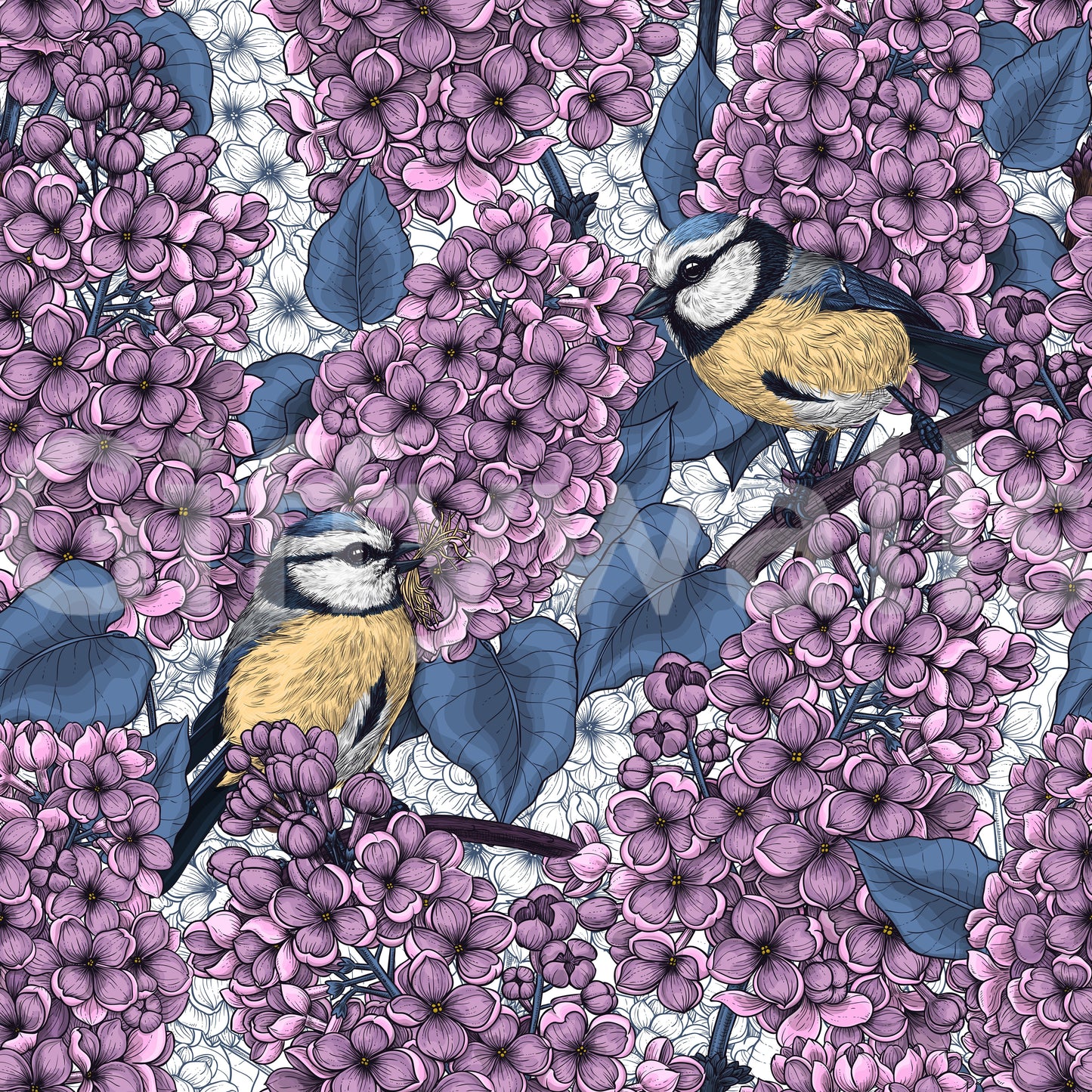Violet floral wallpaper pattern with sketched animals and botanical elements.
