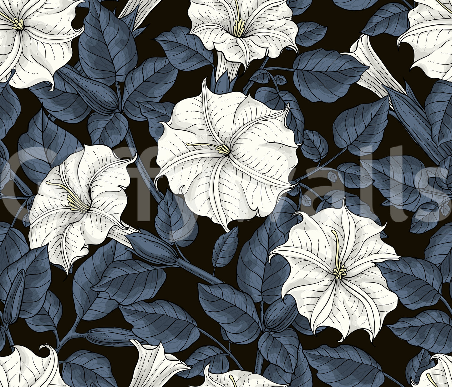 Dark botanical wallpaper with white blooms and textured blue foliage pattern art.