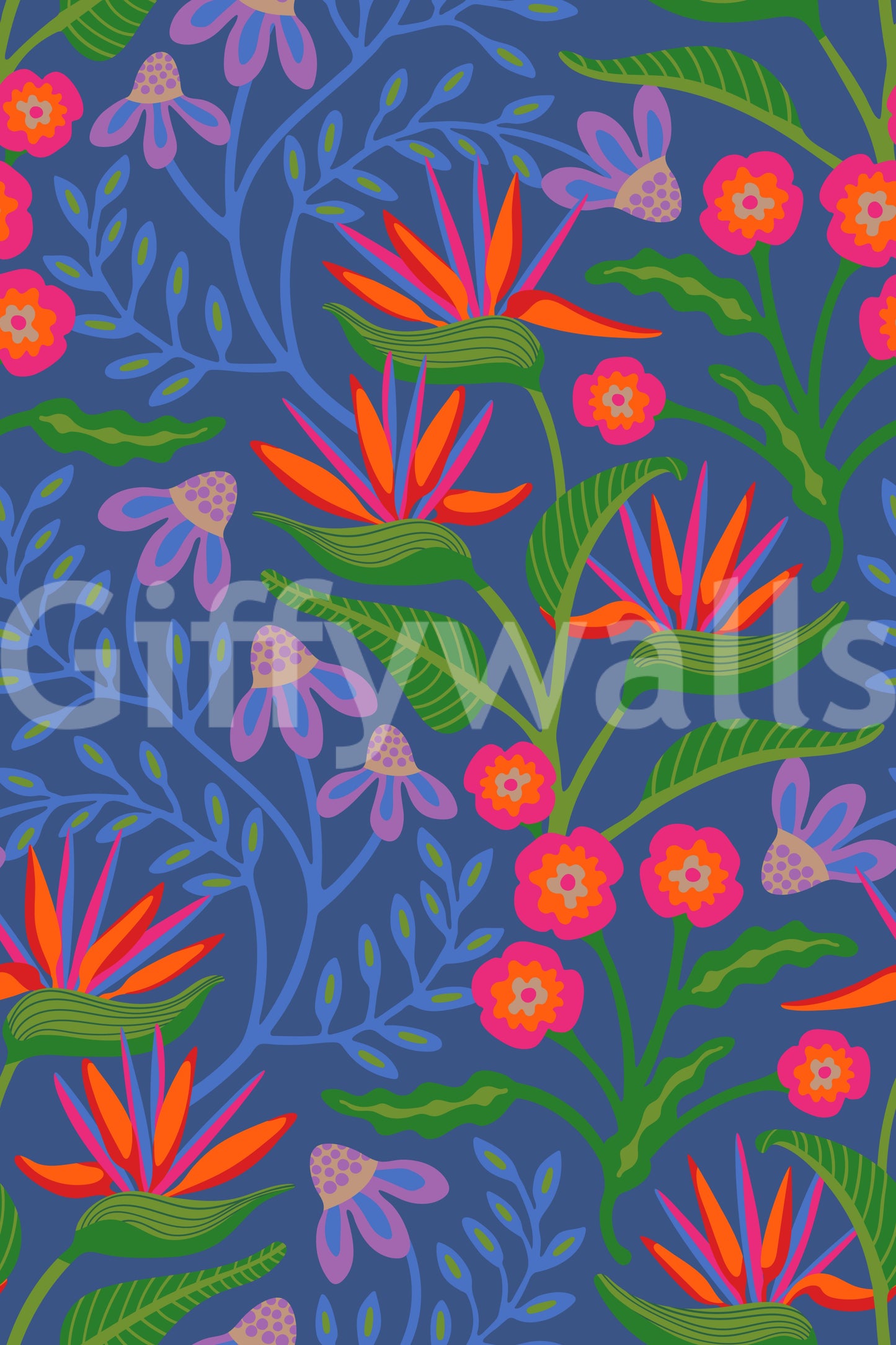 Tropical Tangle Floral Bird of Paradise Fuchsia Pink Blue Wallpaper