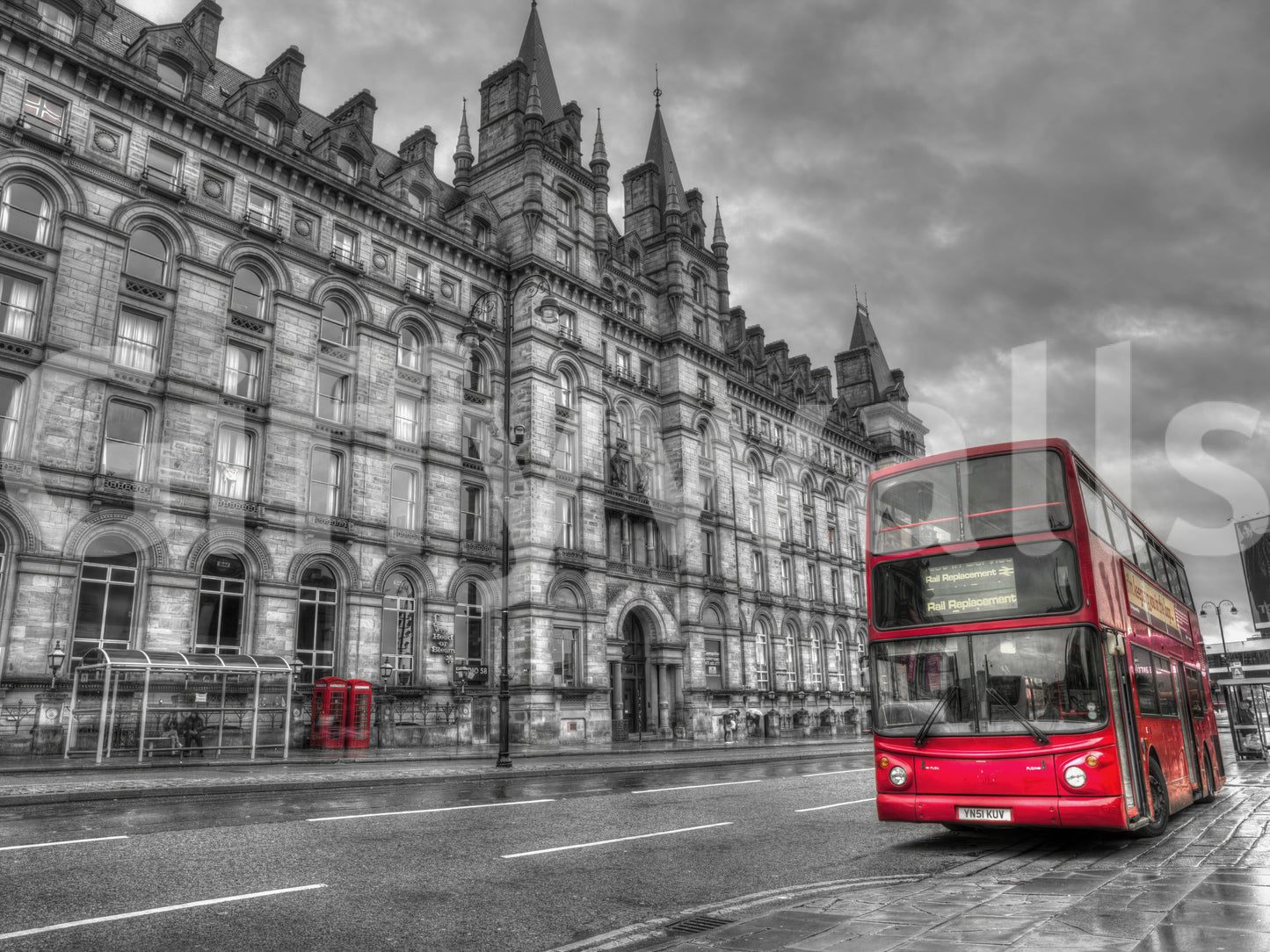Urban street view with grey masonry and red transport wall mural print., GD9845