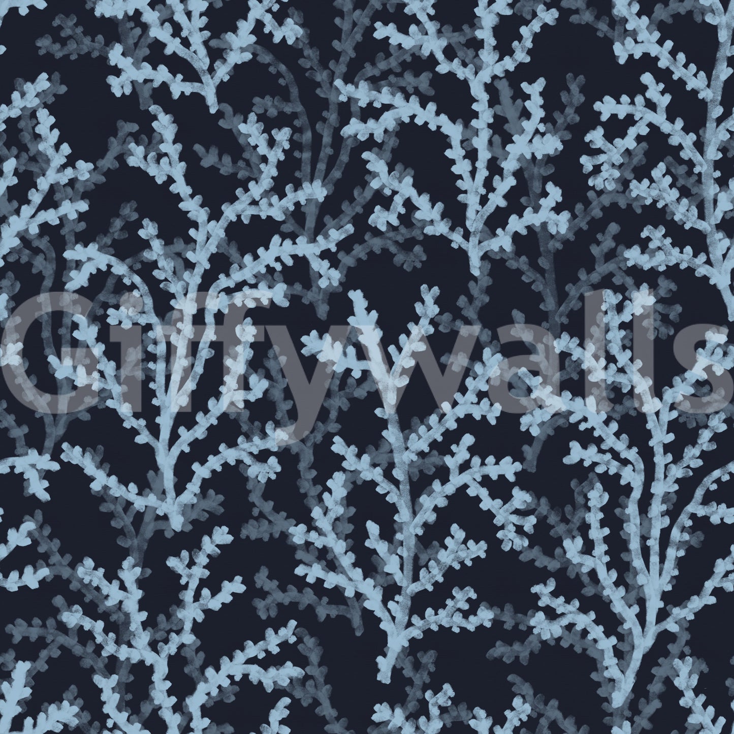 Hand painted botanical Coraline pattern on navy blue textured wallpaper.