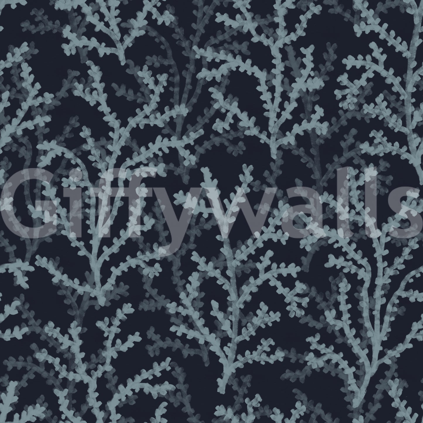Dark gray painted wallpaper with contrasting light branching coral shapes.