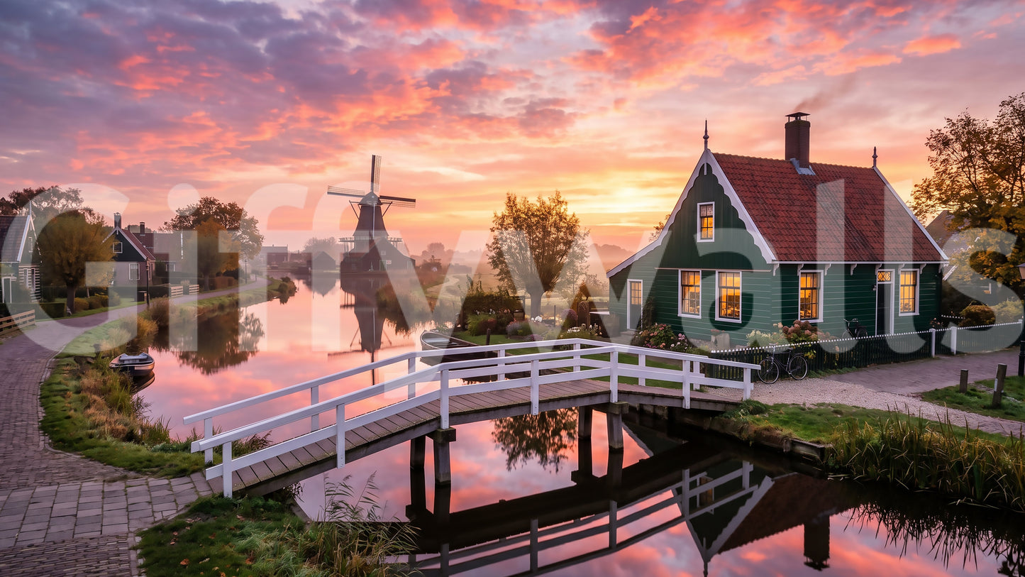 Traditional Dutch countryside wall mural scene with green house and river., GD9886
