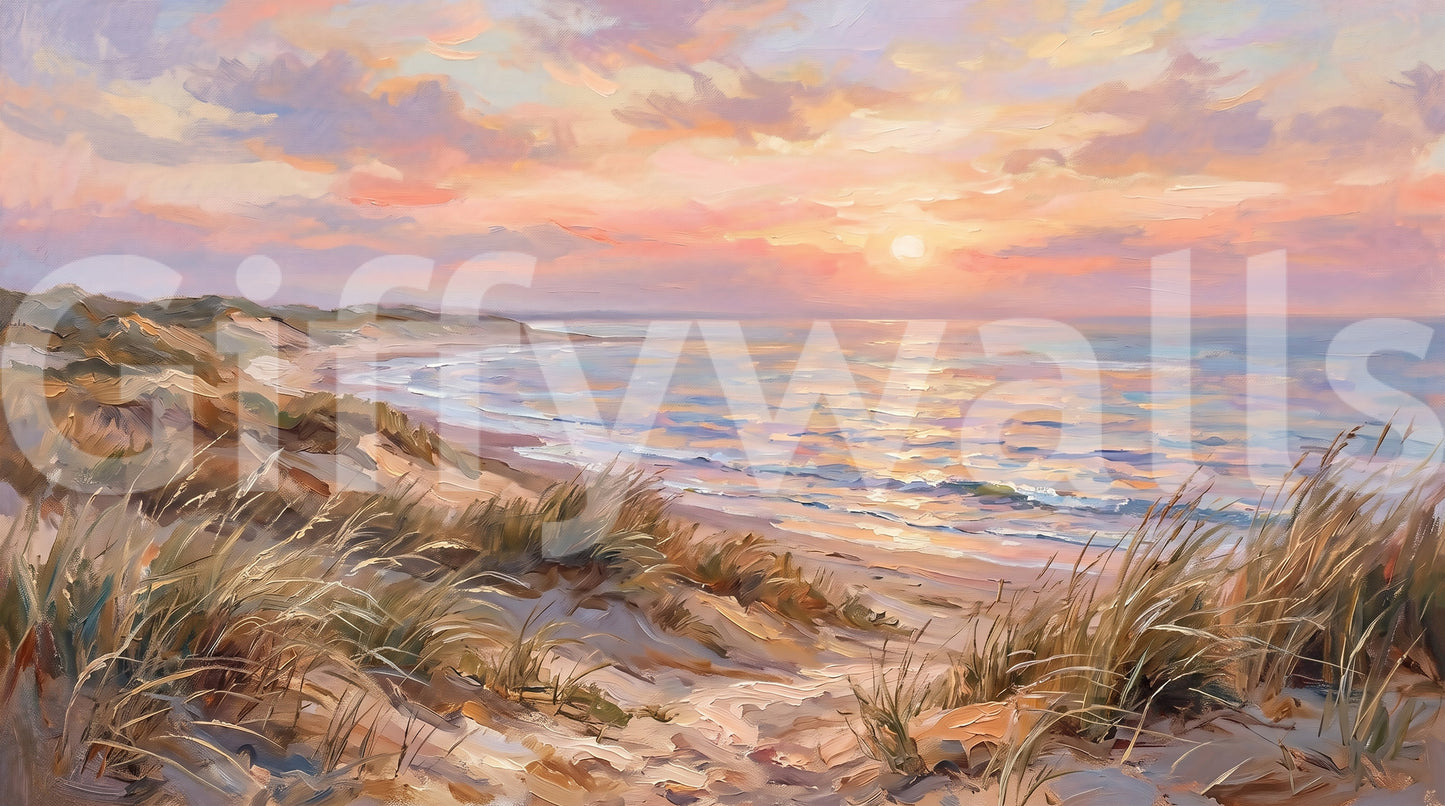 Dune Serenity at Golden Hour Wall Mural with painted sand and grass.