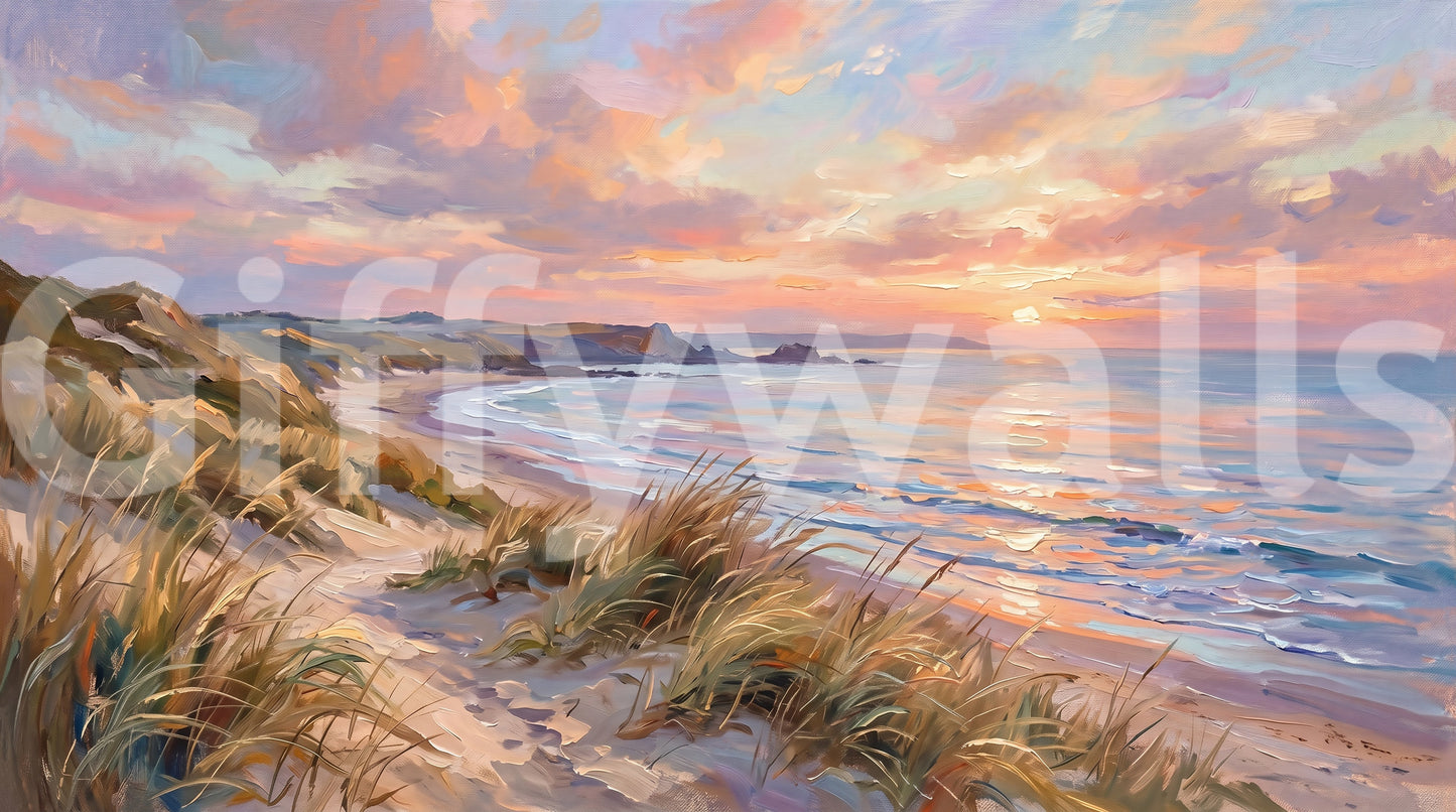 Textured coastal wall mural showing nature landscape ocean scene.