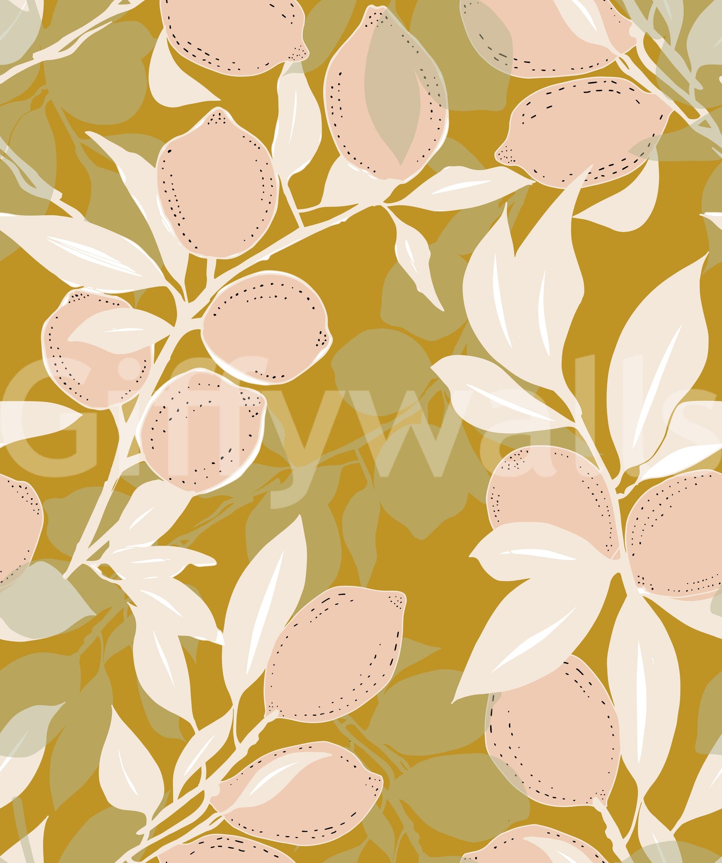 Close up view of the pale pink fruits on the Mustard Lemon wallpaper surface., GD9968