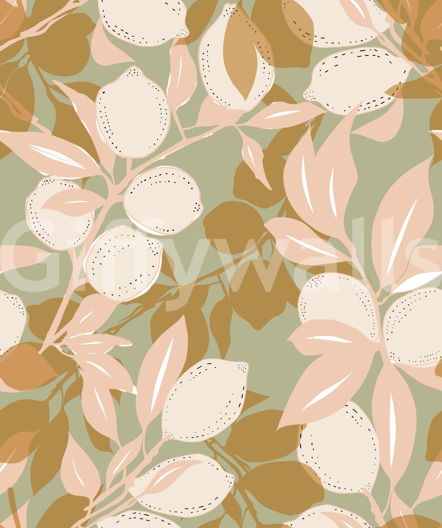Botanical foliage and fruit detail of a Sage Lemon wallpaper., GD9969
