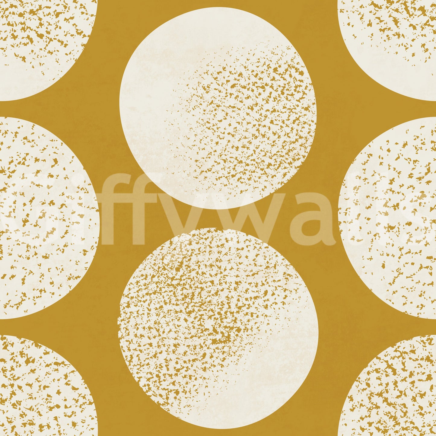 Warm mustard wallpaper with cream circles featuring intricate gold speckled pattern detail.