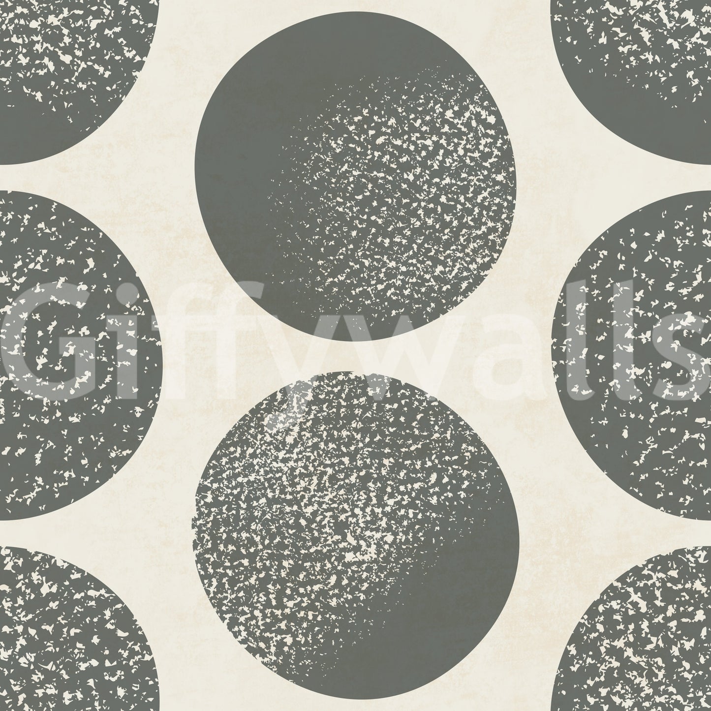 Geometric wallpaper featuring stippled circles in slate grey and cream base.